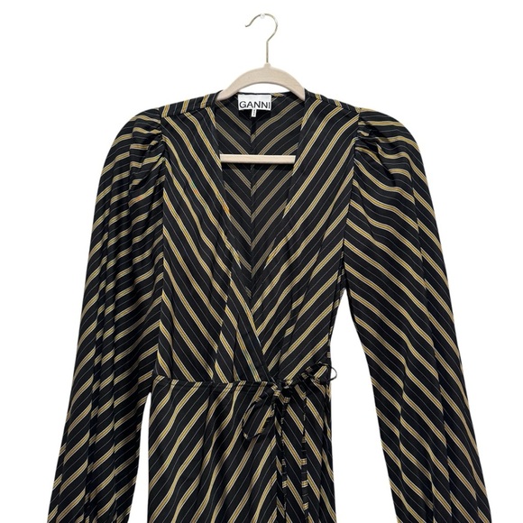 GANNI Striped Long Sleeve Wrap Maxi Dress Size EU 36/S/US 4 Black Gold - Picture 8 of 16